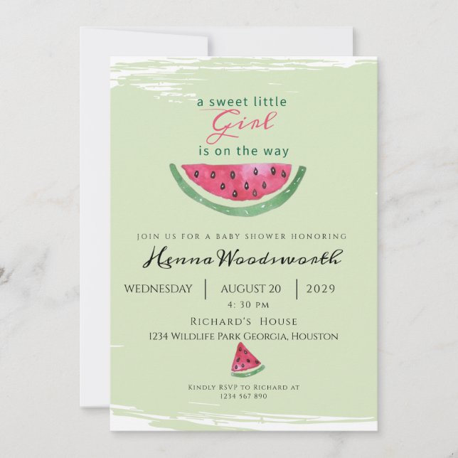 Invitación Fiesta de Bebé de Sandía Dulce Niña Verano  (Anverso)