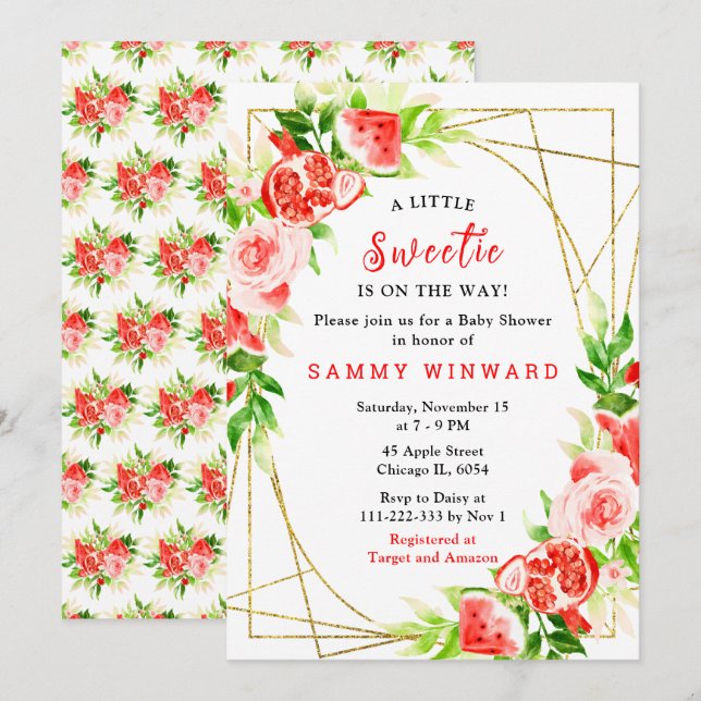 Invitación Fiesta de Bebé de Sandía y Granada (Anverso / Reverso)