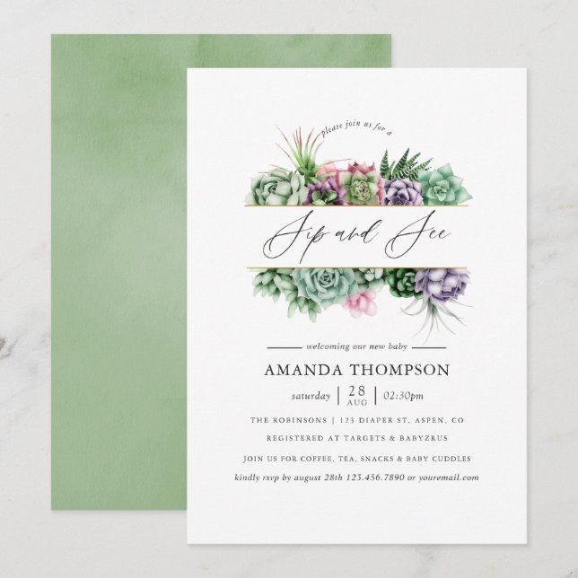 Invitación Fiesta de Bebé de Suculentas Geométricas para Bebe (Anverso / Reverso)