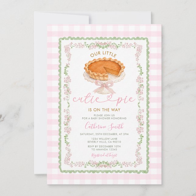 Invitación Fiesta de Bebé de Tarta de Calabaza Rosa Gingham (Anverso)