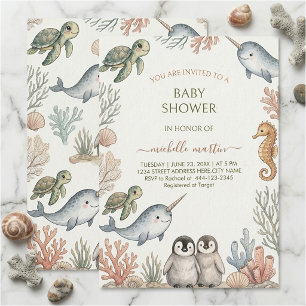 Invitación Fiesta de Bebé de Tortuga Marina Narval Pingüino O