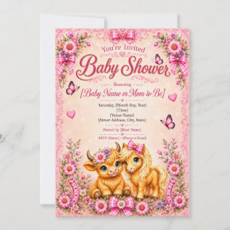 Invitación Fiesta de Bebé de Vaca Highland Occidental Rosa & 