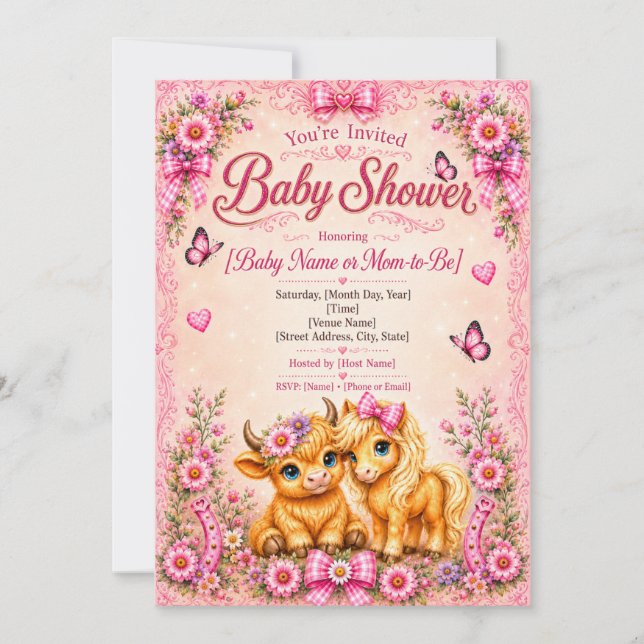Invitación Fiesta de Bebé de Vaca Highland Occidental Rosa &  (Anverso)