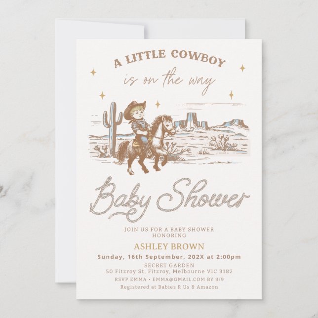 Invitación Fiesta de Bebé de Vaquero Pequeño Occidental Marró (Anverso)