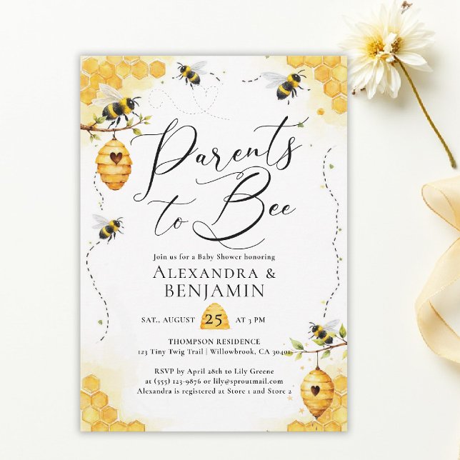 Invitación Fiesta de Bebé de Verano Acuarela Padres Abeja (parents to bee baby shower theme invitation spring summer little honey watercolor elegant)