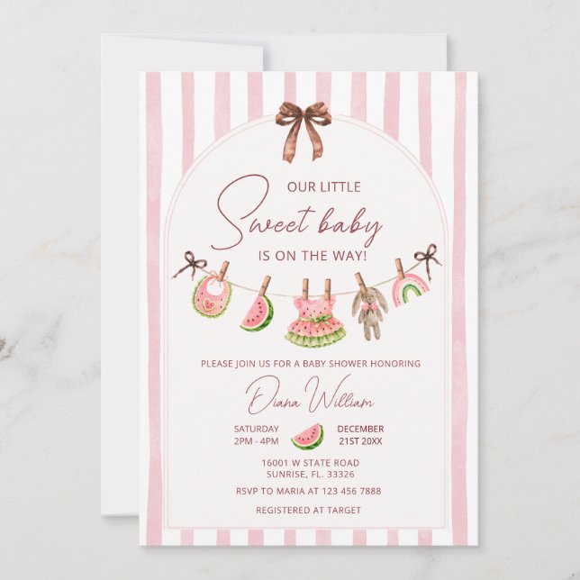 Invitación Fiesta de Bebé de Verano Sandía Rosa (Anverso)