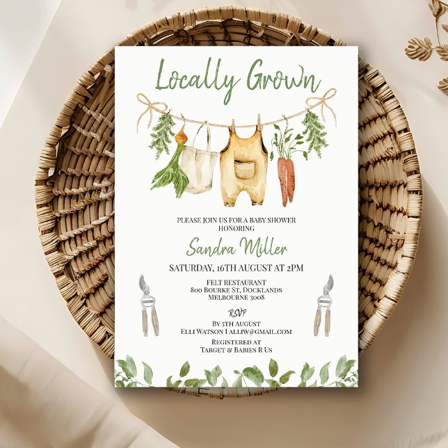 Invitación Fiesta de Bebé de Verde Rústico de Producción Loca (Locally Grown Baby Shower Invitation, Locally Grown baby Show Invite Template, Rustic Farm Invite)