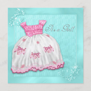 Invitación Fiesta de Bebé de Vestido Azul Turquesa y Rosa