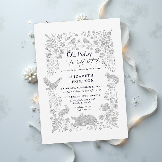 Invitación Fiesta de Bebé del Bosque de Cuentos de Hadas Frío (winter baby shower invitation woodland animals magical enchanted forest storybook cold outside)