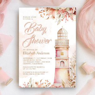 Invitación Fiesta de Bebé del Faro Floral Boho Rosa