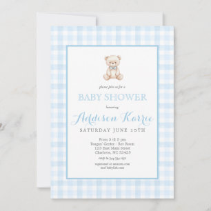 Invitación Fiesta de Bebé del Oso de Peluche a Cuadros Azul E