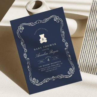 Invitación Fiesta de Bebé del Oso de Peluche Azul Marino con