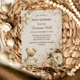 Invitación Fiesta de Bebé del Oso de Peluche Beige Vintage