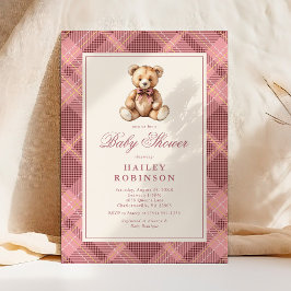 Invitación Fiesta de Bebé del Oso de Peluche de Cuadro Rosa V