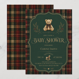 Invitación Fiesta de Bebé del Oso de Peluche de Tartán Rústic