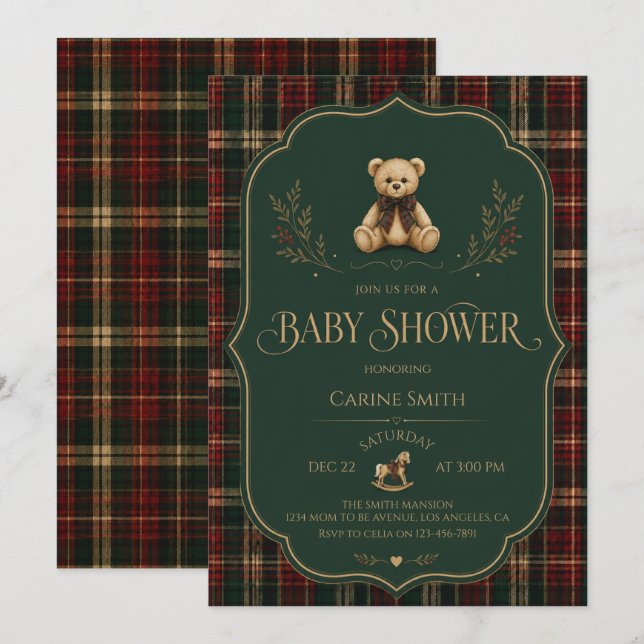Invitación Fiesta de Bebé del Oso de Peluche de Tartán Rústic (Anverso / Reverso)