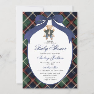Invitación Fiesta de Bebé del Oso Polo de Cuadros Escoceses P