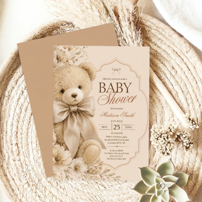 Invitación Fiesta de Bebé del Oso Teddy Beige Elegante (Subido por el creador)