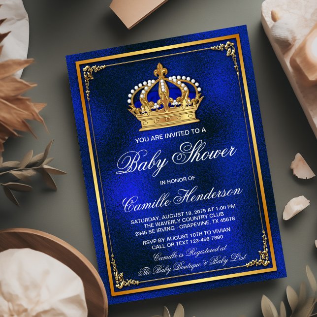 Invitación Fiesta de Bebé del Príncipe Azul Real y Oro (Subido por el creador)
