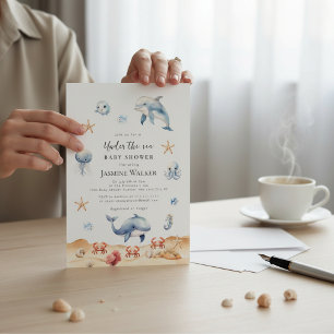 Invitación Fiesta de Bebé Delfín Acuarela Tema Océano
