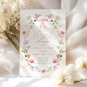 Invitación Fiesta de bebé elegante con lazo rosa de flor silv