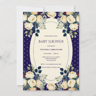 Invitación Fiesta de Bebé Elegante con Lunares Azules y Crema