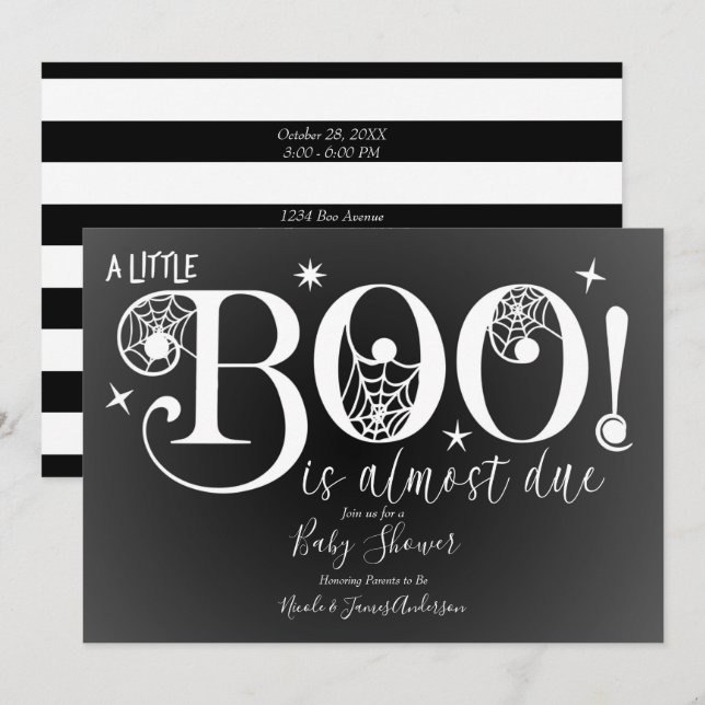 Invitación Fiesta de Bebé Elegante de Blanco y Negro BOO (Anverso / Reverso)
