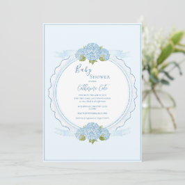 Invitación Fiesta de Bebé Elegante Hortensia Floral Azul