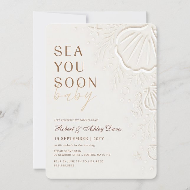 Invitación Fiesta de Bebé Elegantes Conchas Marinas Te Ven Pr (Anverso)