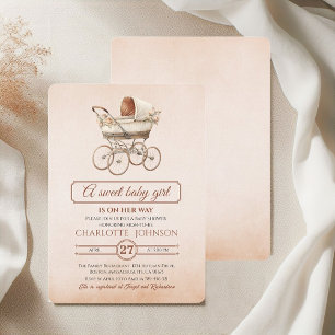 Invitación Fiesta de Bebé en Carruaje Floral Beige Vintage
