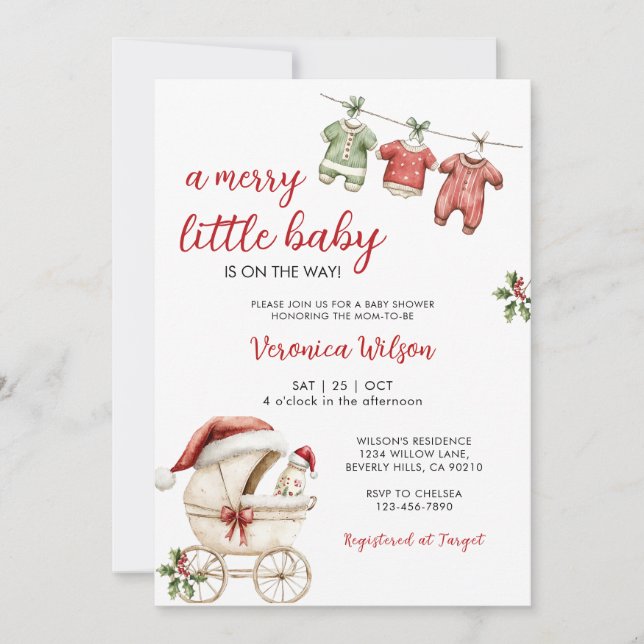 Invitación Fiesta de Bebé en Cochecito de Navidad Alegre Niña (Anverso)