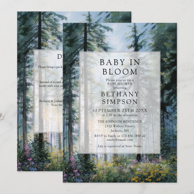 Invitación Fiesta de Bebé en el Bosque en Flor Código QR (Anverso / Reverso)