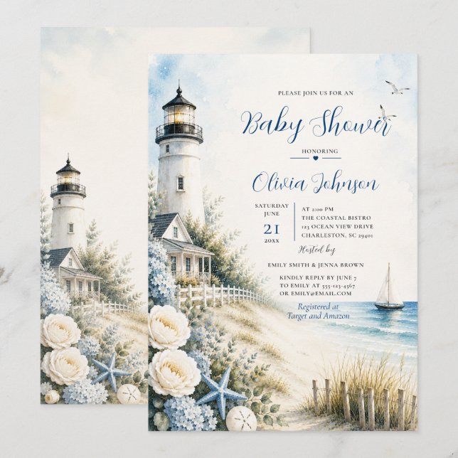 Invitación Fiesta de Bebé en el Faro Costero (Anverso / Reverso)