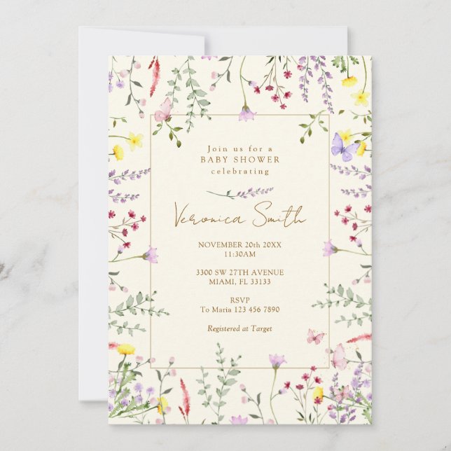 Invitación Fiesta de Bebé en el Jardín de Flores Silvestres C (Anverso)
