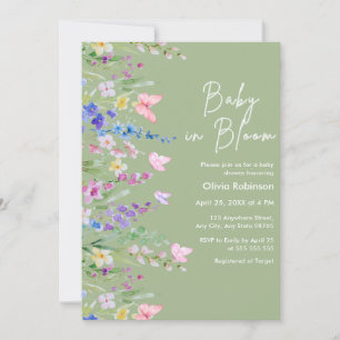 Invitación Fiesta de Bebé en Flor de Primavera Verde Salvia