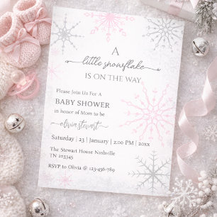 Invitación Fiesta de bebé en invierno copo de nieve rosa guió