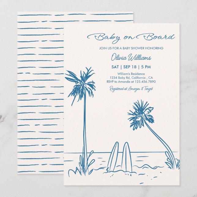 Invitación Fiesta de Bebé en la Playa Palmas y Tabla de Surf  (Anverso / Reverso)