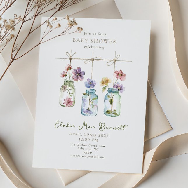 Invitación Fiesta de Bebé en Tarro de Vidrio con Flores Silve (Subido por el creador)