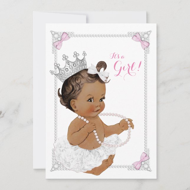 Invitación Fiesta de bebé étnica Princesa Tutú Blanco Perla R (Anverso)