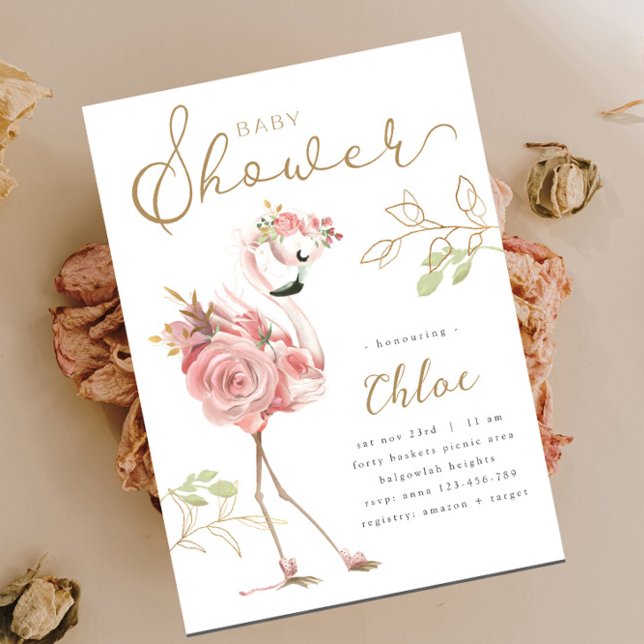 Invitación Fiesta de Bebé Flamingo, Flamingo Rosa Floral Mode (Subido por el creador)