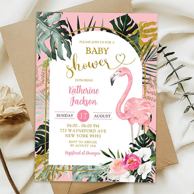 Invitación Fiesta de Bebé Flamingo Tropical Monstera Rosa (Subido por el creador)