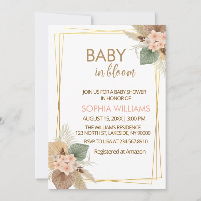 Invitación Fiesta de Bebé Flor de Pampas en Flor (Anverso)