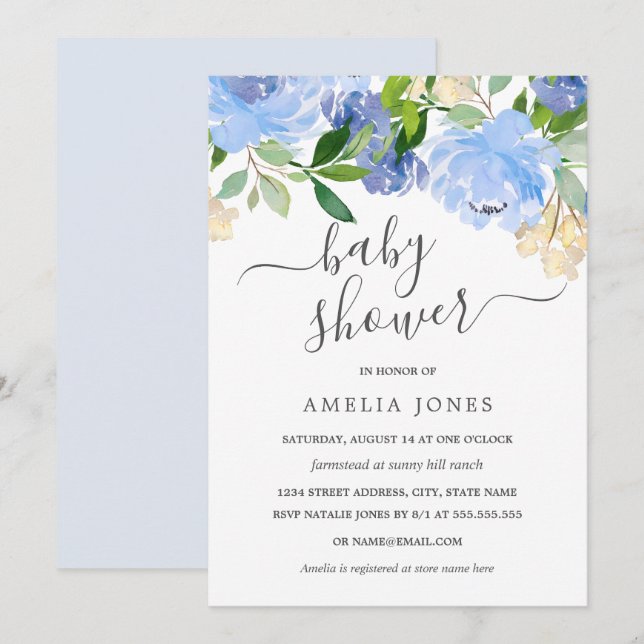 Invitación Fiesta de Bebé Floral Acuarela Azul Marítimo (Anverso / Reverso)