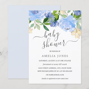 Invitación Fiesta de Bebé Floral Acuarela Azul Marítimo