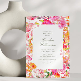 Invitación Fiesta de Bebé Floral Acuarela Rosa Brillante Nara
