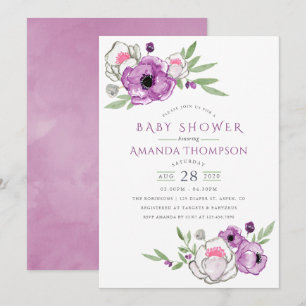 Invitación Fiesta de bebé floral acuarela violeta y salvia