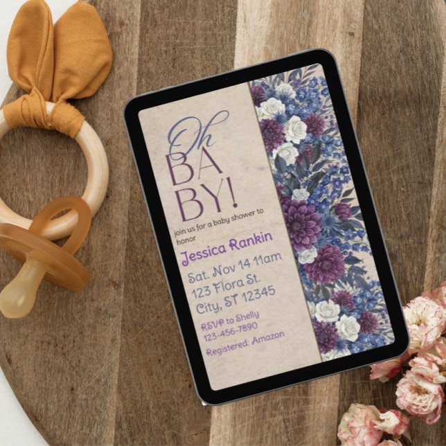 Invitación Fiesta de Bebé Floral Azul Profundo y Morado (Subido por el creador)