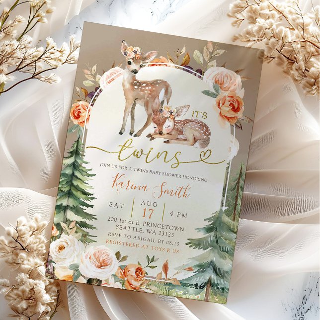 Invitación Fiesta de Bebé Floral Boho Ciervo Gemelas Otoño (Subido por el creador)