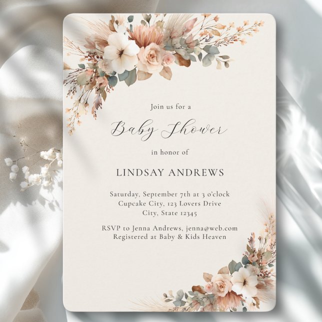 Invitación Fiesta de Bebé Floral Boho con Pasto de Pampas Bei (Boho Floral Pampas Grass Beige Baby Shower Invitation)