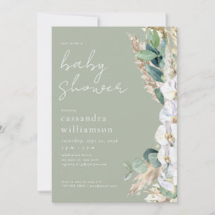Invitación Fiesta de Bebé Floral Boho de Pasto Pampas Verde S